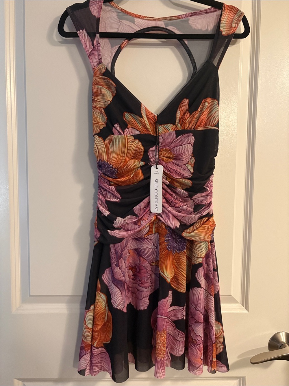 Self Contrast Black Floral Ruched V-Neck Mini Dress
